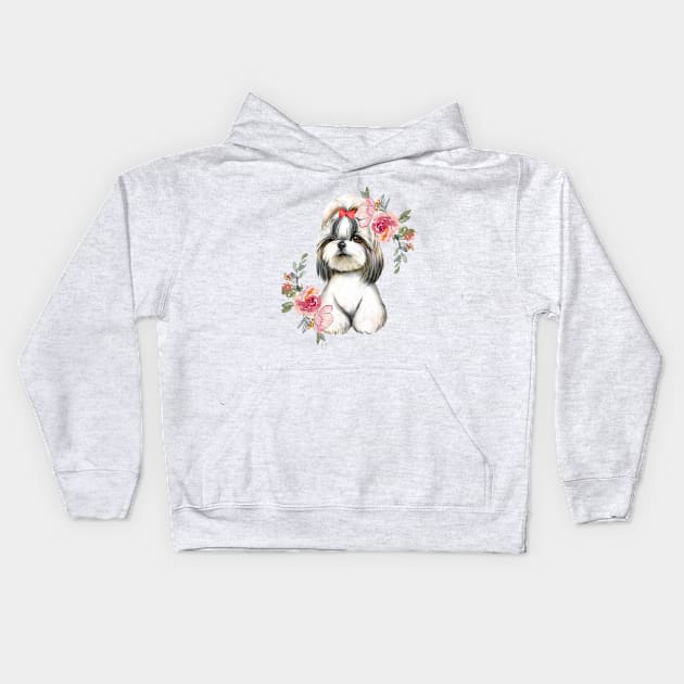 Cute Shih Tzu Puppy Dog with Flowers Watercolor Art Kids Hoodie by AdrianaHolmesArt